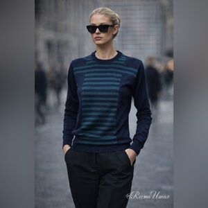 Valentino Navy Crewneck Sweater with Teal Stripes – No Size Tag (Fits XS–S)